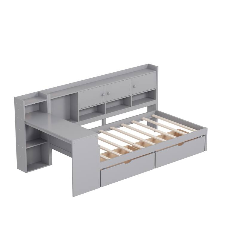 Full Size Daybed with Storage 3 Cabinets and 2 Drawers,Wooden Daybed Frame with Study Desk and Bookshelf,Multi-functional Bed