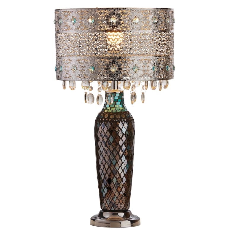 Metal Mosaic Hanging Glass Crystal Table Lamp - 13"L x 13"W x 24.25"H - Blue