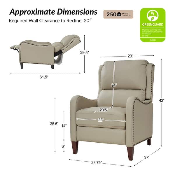 dimension image slide 0 of 19, HULALA HOME Brigida Cigar Genuine Leather Manual Recliner with Nailhead Trim
