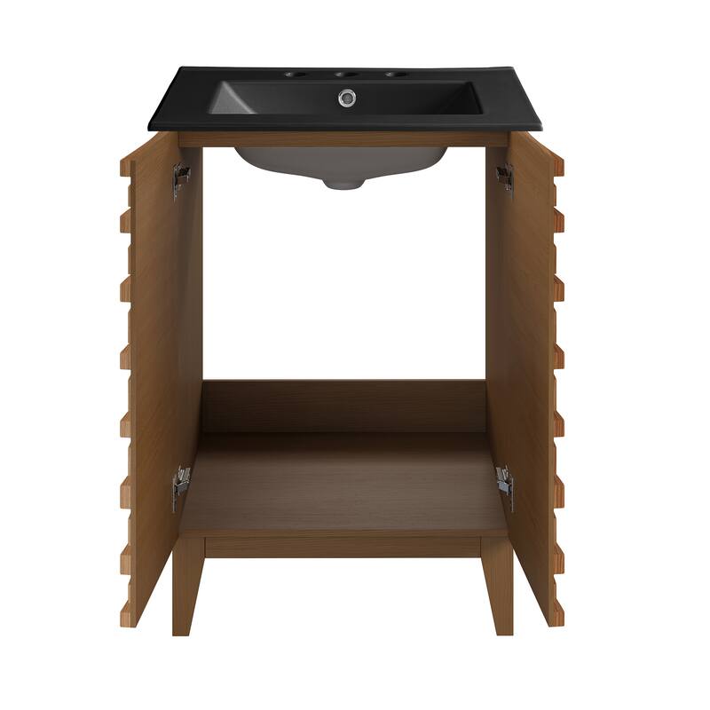 Cascade 24 In. Brown Oak Bathroom Vanity With Black, 3-Hole Ceramic Sink Top