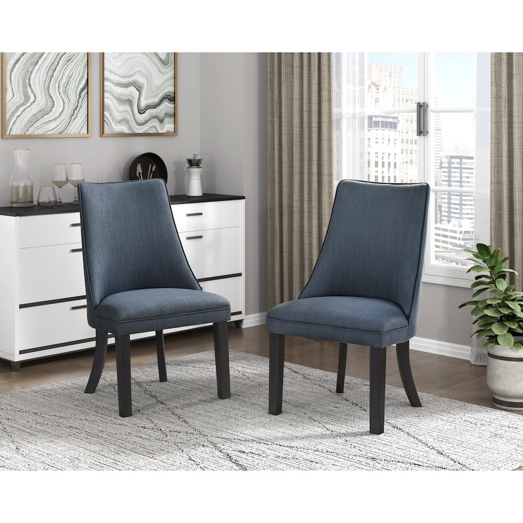 Blue Textured Fabric Upholstered Side Chairs Set of 2, Dark Walnut Finish Wooden Legs Modern Dining Kitchen Furniture