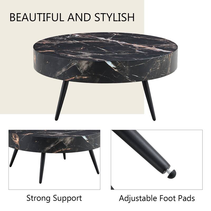 31.5 Inch Round Coffee Table with Adjustable Legs Small End Table with Marble Sticker Top Home Center Table