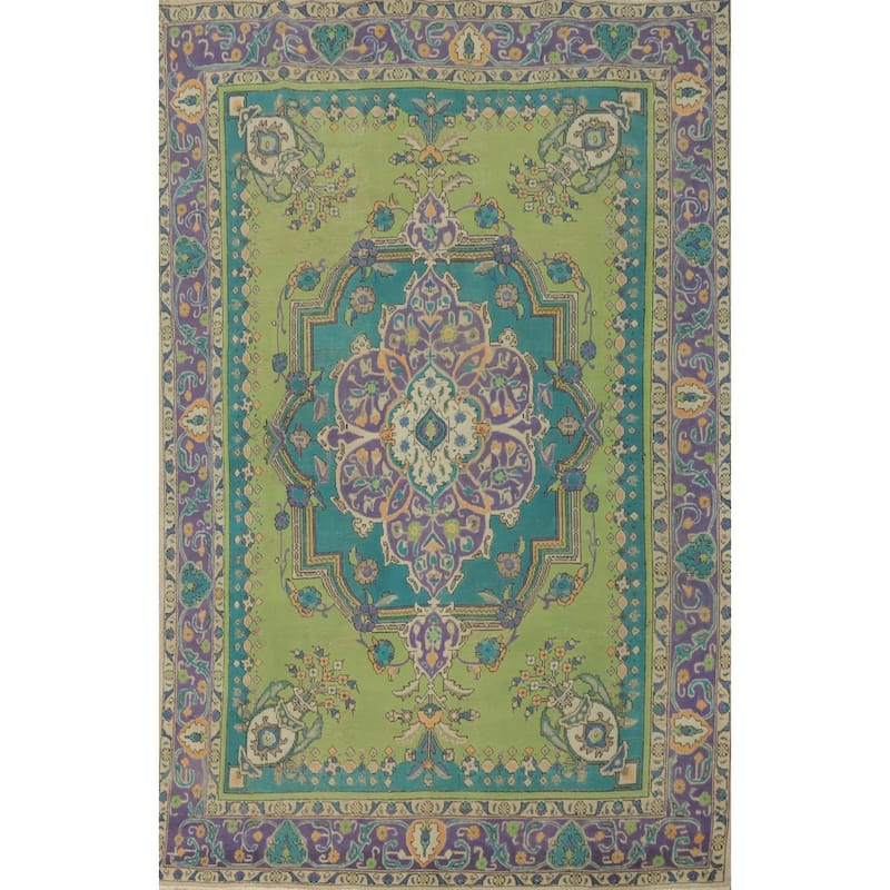 Hand Knotted Oriental 100% Wool Carpet Traditional Medallion Green Tabriz Area Rug - 9' 3'' X 6' 3''