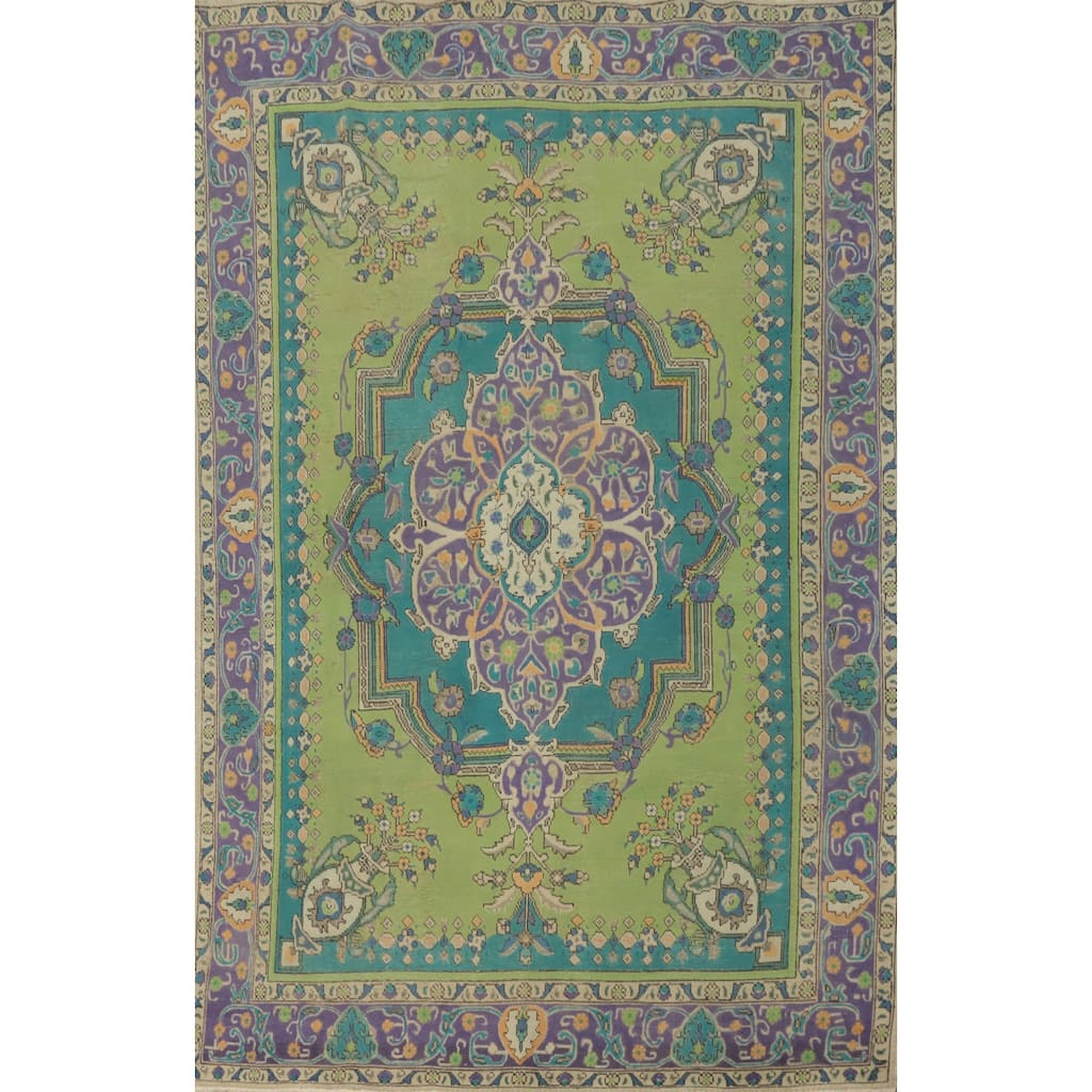 Hand Knotted Oriental 100% Wool Carpet Traditional Medallion Green Tabriz Area Rug - 9' 3'' X 6' 3''