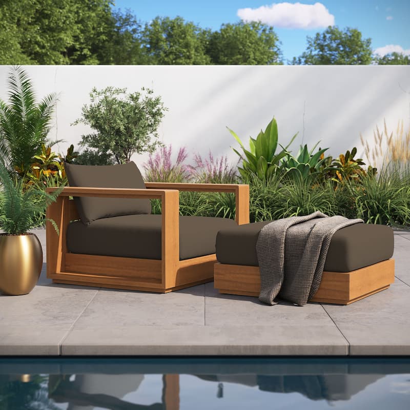Tahoe 2-Piece Outdoor Patio Acacia Wood Armchair and Ottoman Set - Natural Cocoa