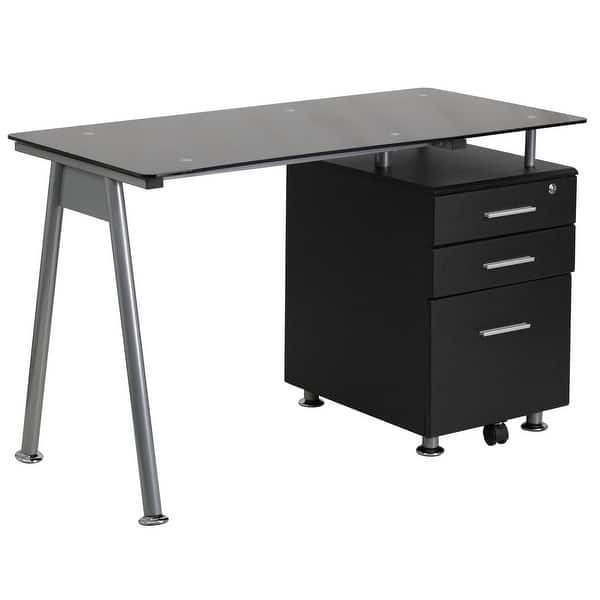 Computer Desk With Tempered Glass Top And Three Drawer Pedestal On Sale Overstock 27066866