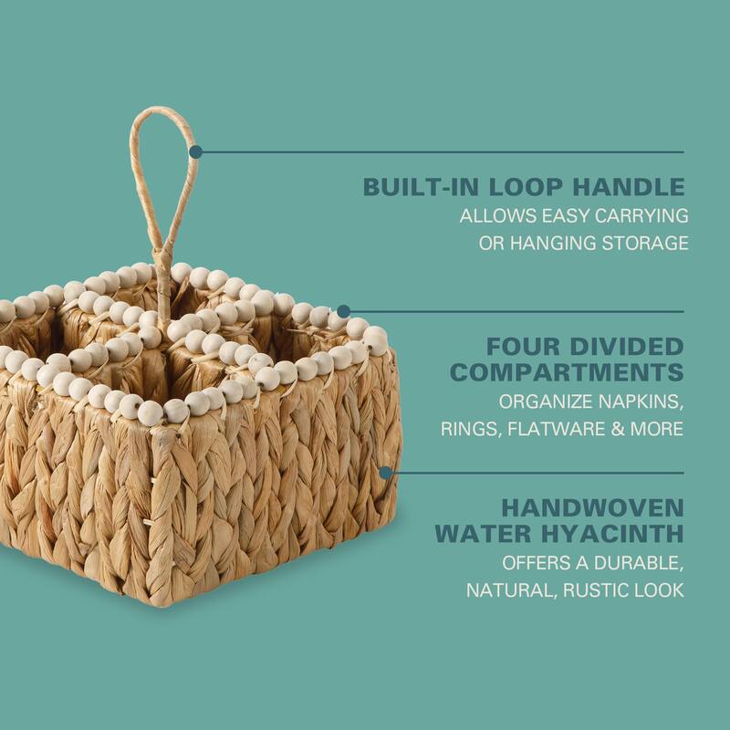 Gibson Home Woven Utensil Caddy with 4 Compartments, Natural Hand-Braided Water Hyacinth Basket with Wood-Bead Trim