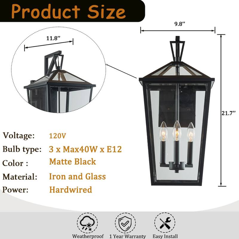 Modern Matte Black Outdoor Wall Lantern with Clear Tempered Glass Open Bottom Design Exterior Light Fixture for Entryway