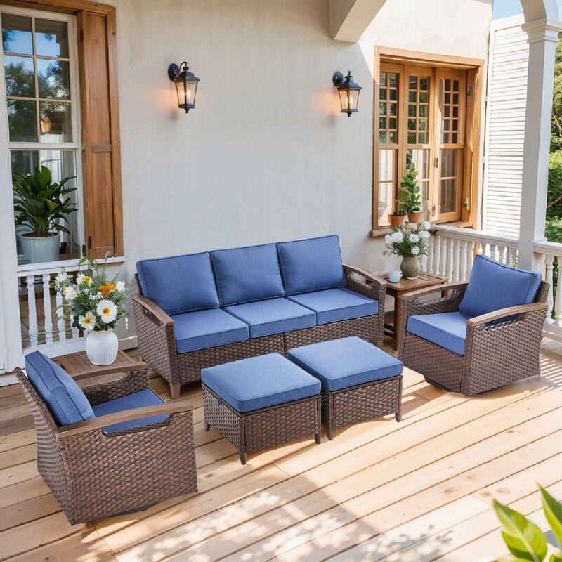 Pocassy Outdoor Brown Wicker Funitre with Cushion Set - Blue Cushion - 3-Seat Sofa with Swivel Chair Ottoman Set