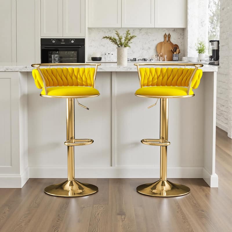 Velvet Upholstered Adjustable Bar Stool Swivel Counter Chair Set of 2 - Yellow/Gold - Set of 2