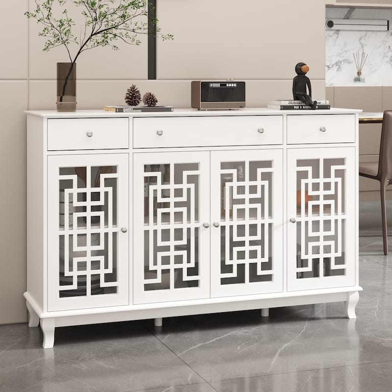 Modern Farmhouse Wood Accent Cabinet with Glass Doors Sideboard Buffet - White
