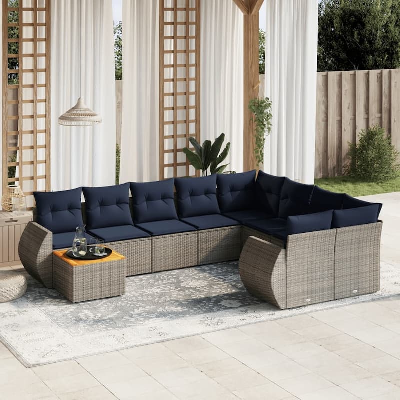 vidaXL 10 Piece Patio Sofa Set with Cushions Gray Poly Rattan - 116.9x33.5x92.1