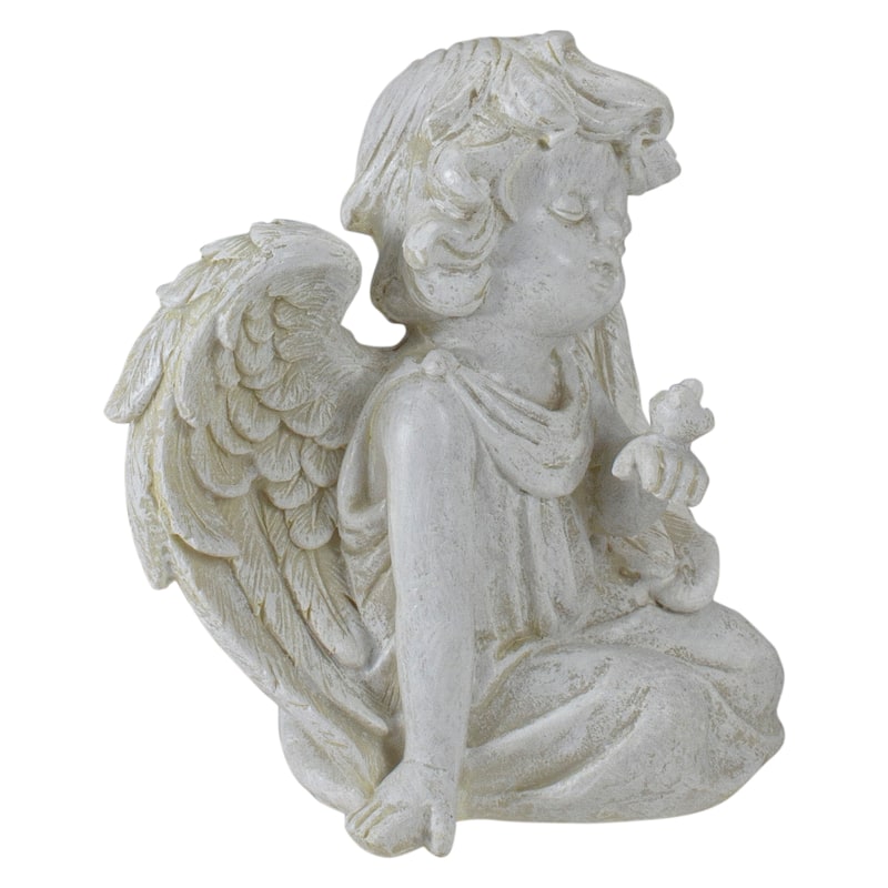 6" Ivory Sitting Angel with Bird Outdoor Garden Statue