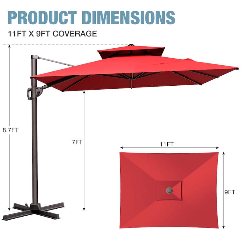 VredHom 9X11FT Outdoor Dual Wind Vent Offset Cantilever Patio Umbrella