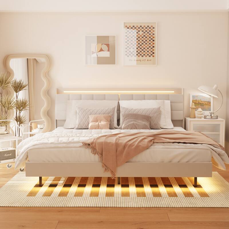 Floating King Bed Frame with LED Lights, USB Charging, and Hidden Storage, No Box Spring Needed, Beige