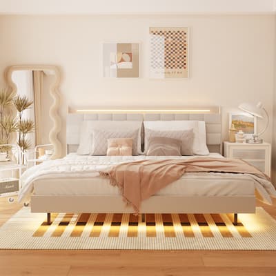 Linen Metal Bed Frame with LED Light
