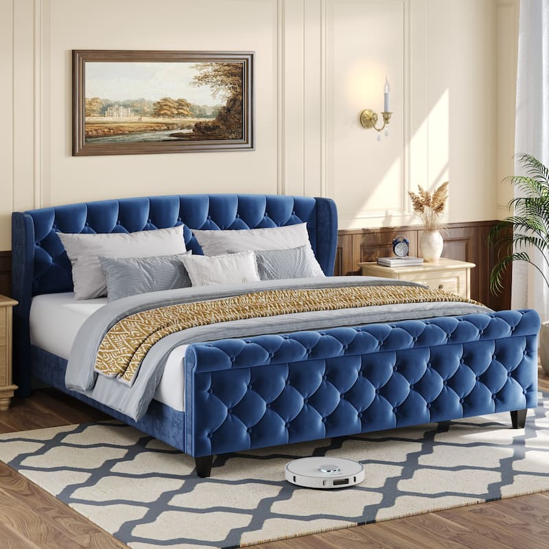 Christopher Knight Home - Amara Traditional Velvet Upholstered Sleigh Bed with Wingback Headboard & Scroll Footboard, King Size - Blue