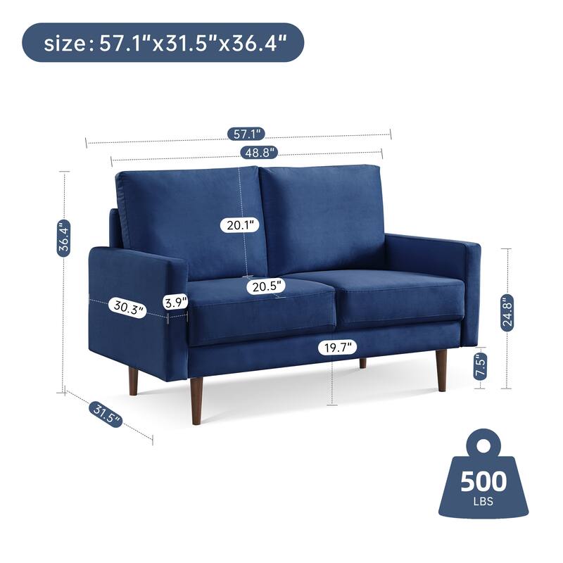 57 Inch Wide Upholstered Loveseat with Square Arms - N/A