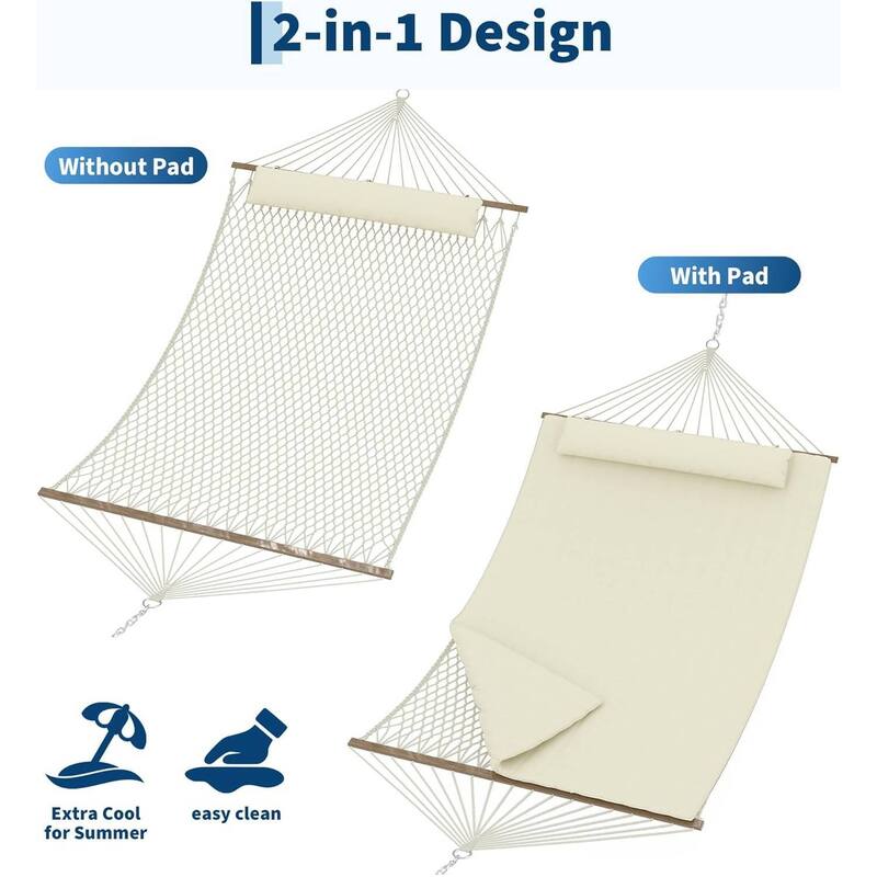 2 in 1 Outdoor Hammock with Cotton Rope and Polyester Pad for Patio, Backyard, Garden, Beach