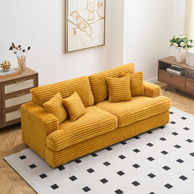Corduroy Upholstered 3 Seater Sofa, Oversized Cloud Deep Seat Couch with 4 Lumbar Pillows, Loveseat for Living Room, Apartment