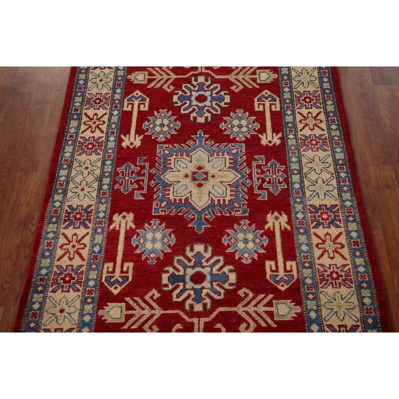 Red Geometric Kazak Foyer Rug Handmade Traditional Wool Carpet - 3'5" x 4'11"