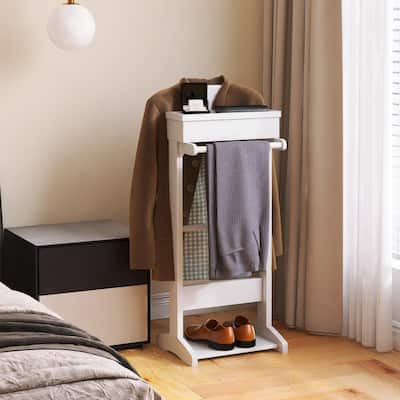 White Portable Garment Rack,Clothes Valet Stand with Storage Organizer