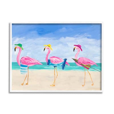 Stupell Cute Pink Flamingos Beach Attire Strolling Coast Illustration Framed Wall Art
