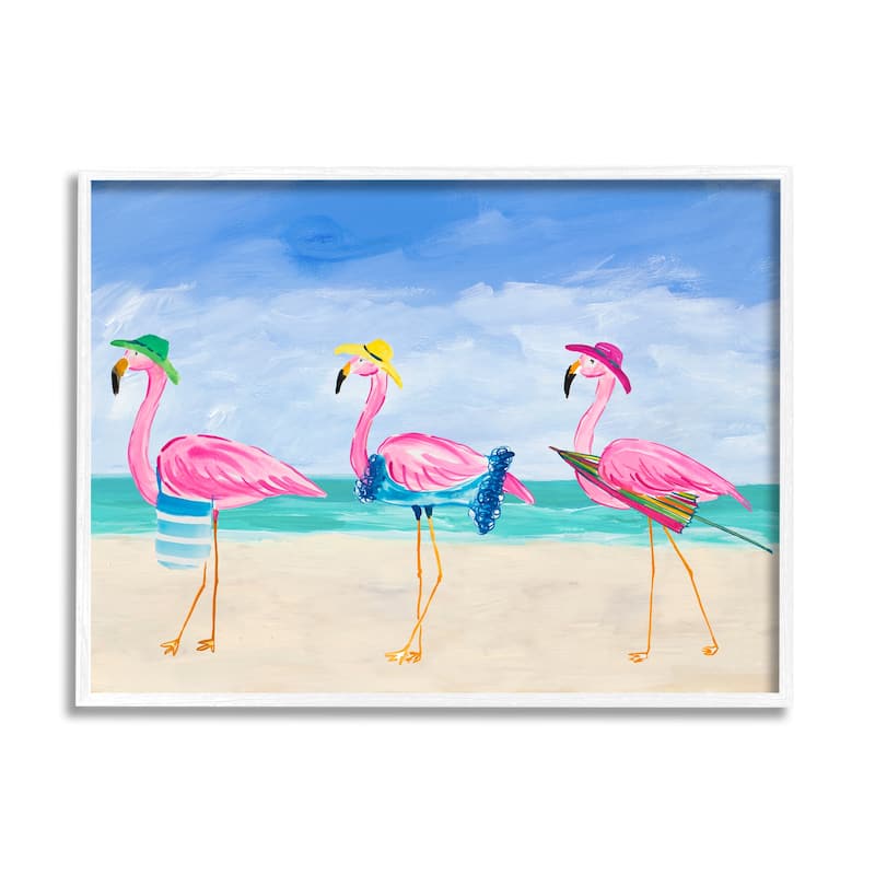 Stupell Cute Pink Flamingos Beach Attire Strolling Coast Illustration Framed Wall Art - 20 x 16 - White
