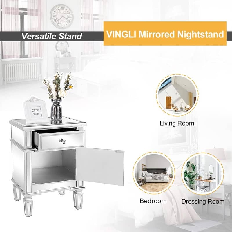 Silver Mirrored Nightstand with 1-Drawers & 1 Side Doors