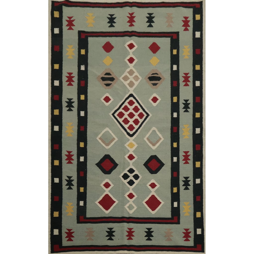 Hand Woven Oriental 100% Wool Carpet Southwestern Tribal Green Kilim Area Rug - 8' 1'' X 5' 2''
