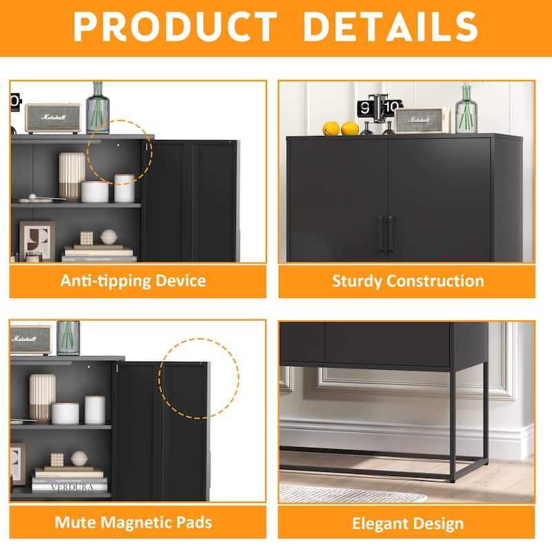 Heavy Duty Metal Buffet Sideboard Modern Steel Storage Cabinet with 2 Shelves, Free Standing Accent Cabinet with Magnetic Doors