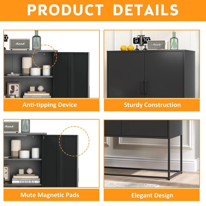 Steel Storage Cabinet with Adjustable Shelves,Free Standing Accent Cabinet with Magnetic Doors,Heavy Duty Buffet Sideboard