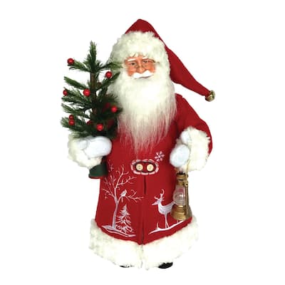 16" Santa Claus with Lantern and Pine Tree Standing Christmas Figurine