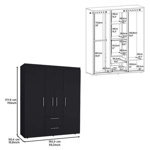 dimension image slide 1 of 3, Modern wardrobe 70" H, multiple internal storage, Black