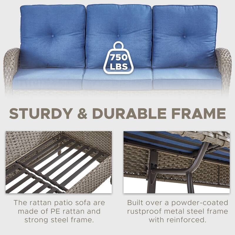 Outdoor Patio 3 Seats Sofa Couch with Ottomans