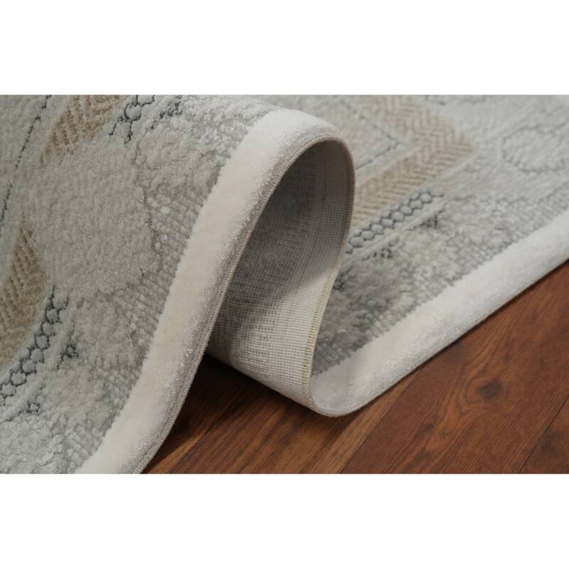 Machine Made Oriental Polyester Carpet Traditional Medallion Beige & Ivories Tabriz Area Rug - 7' 5'' X 5' 2''
