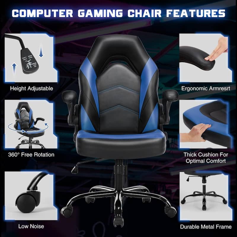 Ergonomic PU Leather Gaming Chair Adjustable Height with Flip-up Armrest for Adults, Kids