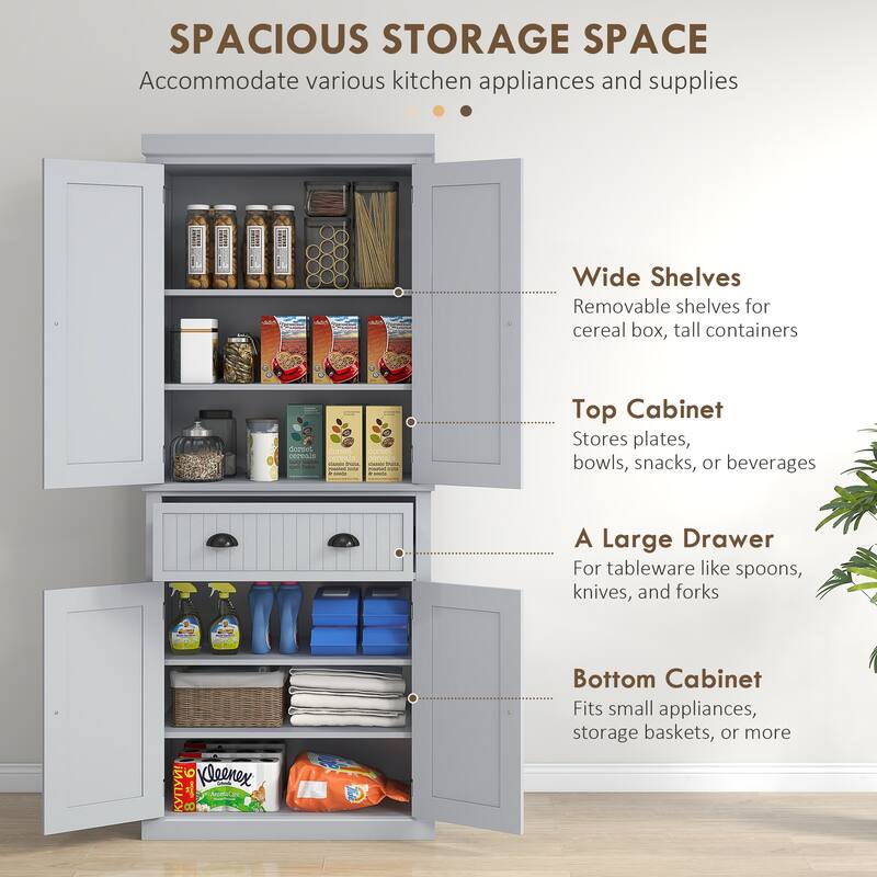 Tall Storage Cabinet Freestanding Cupboard with Adjustable Shelves - Gray
