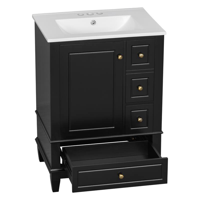 Roomfitters 24" Bathroom Vanity with Sink, Solid Wood Frame, 3 Drawers & Side Cabinet with Door Racks