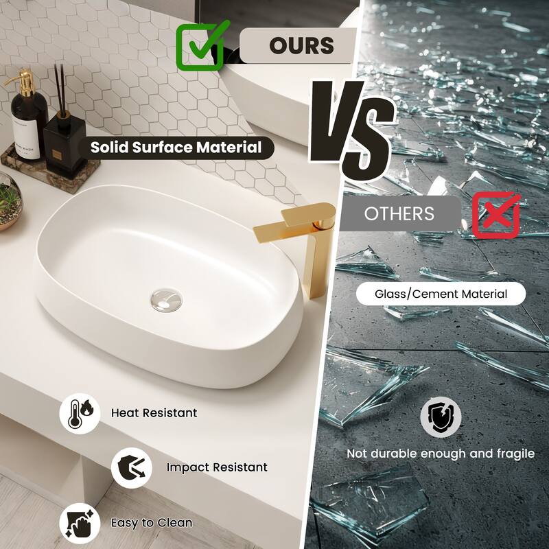 Solid Surface Vessel Bathroom Sink with Pop-Up Drain and Drain Hose, Modern Above Counter Wash Basin with Center Drain