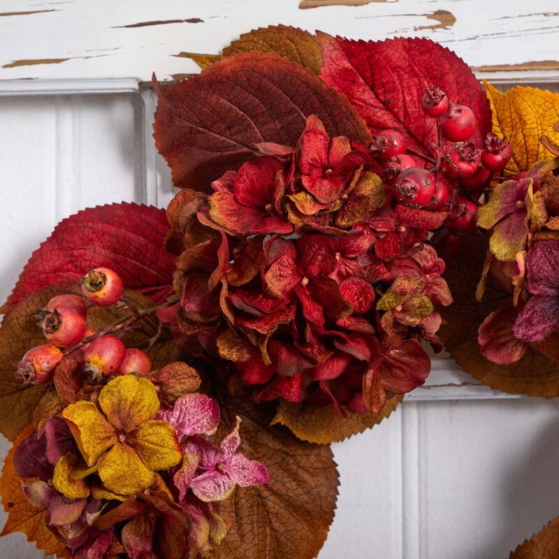 Hydrangea and Berries Artificial Fall Harvest Wreath, 24-Inch, Unlit