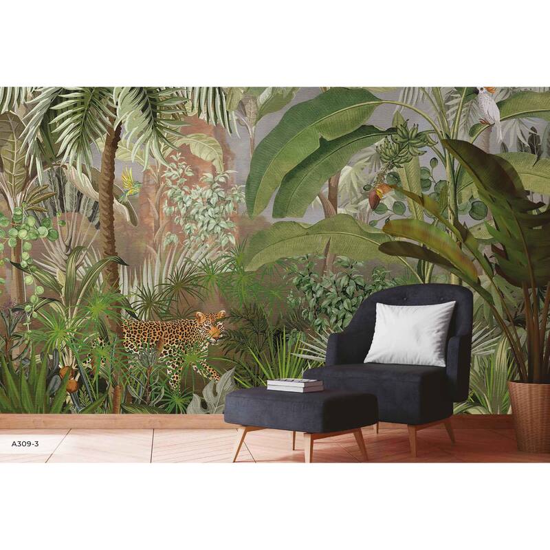 Jungle Adventure Vibrant Wildlife Wallpaper Mural with Lush Greenery