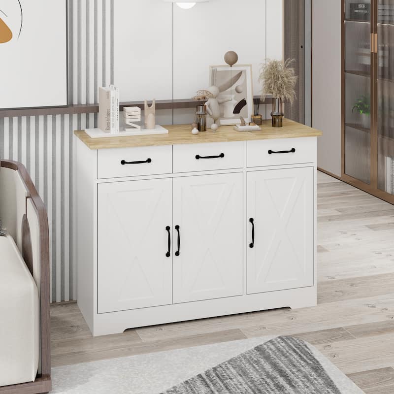 Buffet Sideboard Cabinet with Storage, Modern Farmhouse Coffee Bar Cabinet with 3 Drawers and 3 Doors Adjustable Shelves