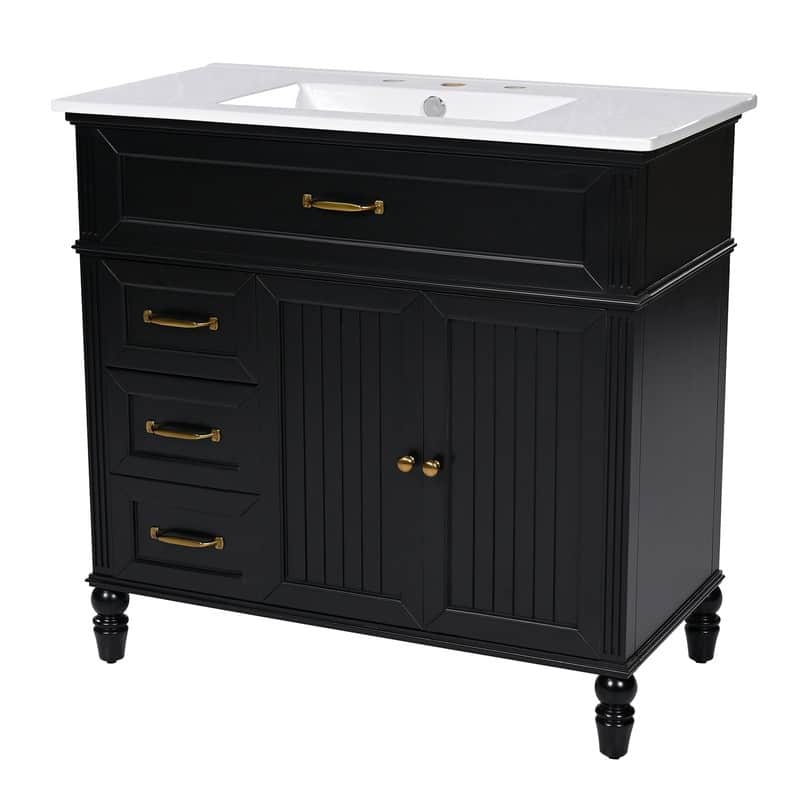 36" Bathroom Vanity with Ceramic Sink Top, Freestanding Bathroom Vanity Cabinet with 2 Doors and 2 Storage Drawers