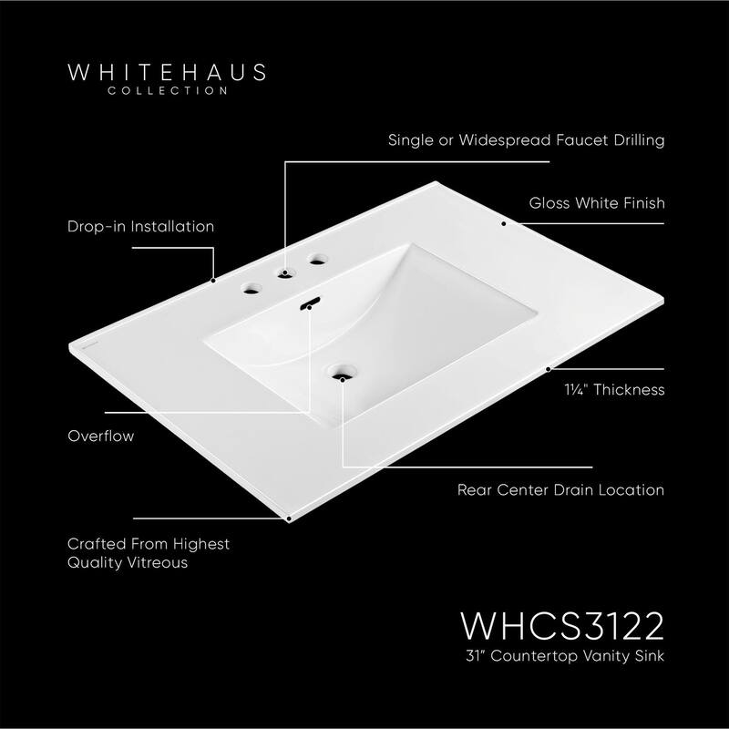 Whitehaus WHCS3122-3H 31" Rectangular Vitreous China Drop In Bathroom