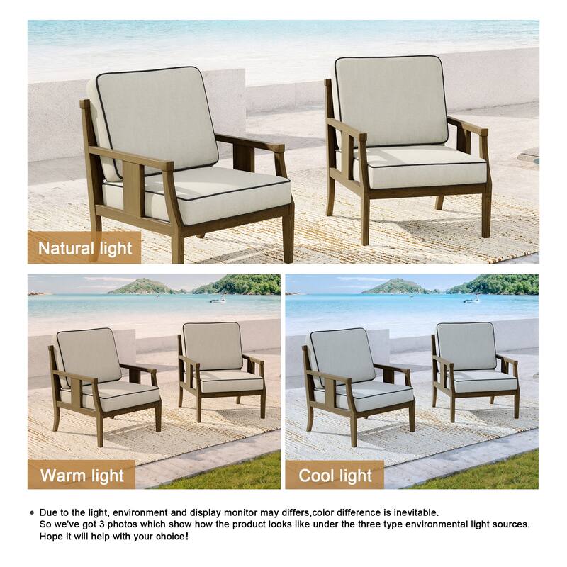2 Set Brown Wood Outdoor Accent Club Chairs with Water-Resistant Cushions