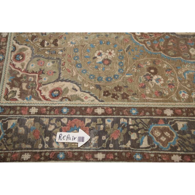 Hand Knotted Oriental 100% Wool Carpet Traditional Floral Green Tabriz Area Rug - 9' 5'' X 6' 4''
