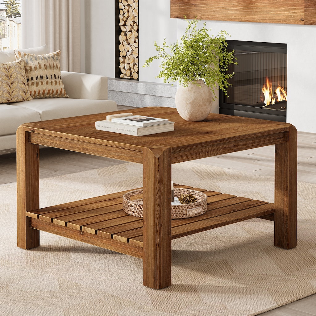 2 Tier Solid Wood Coffee Table for Living Room, Square Center Table with Storage Shelvrs - 31.50" W x 31.50" D x 20.08" H