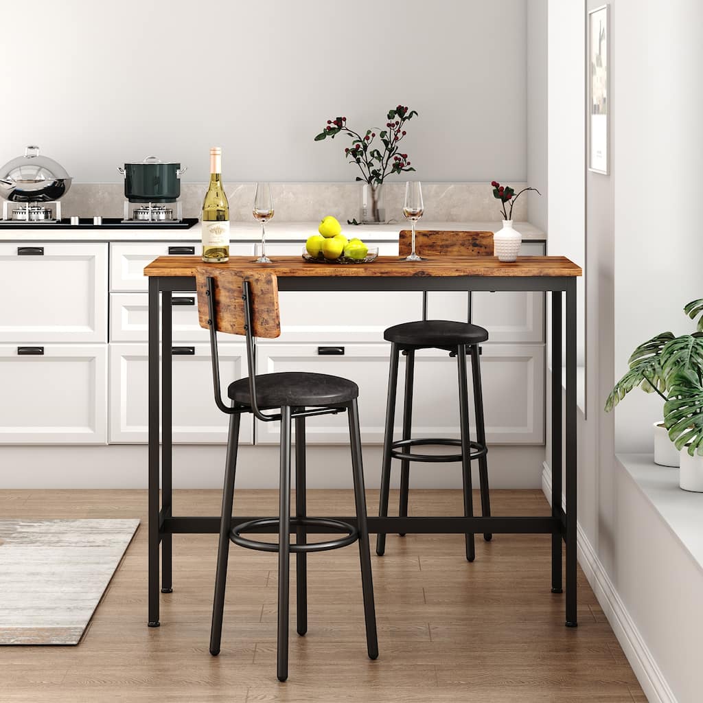 Grondin Rustic Industrial Style 3-Piece Thin Bar Table Set with 2 PU Leather Bar Stools, Kitchen Counter Height Dining Table Set