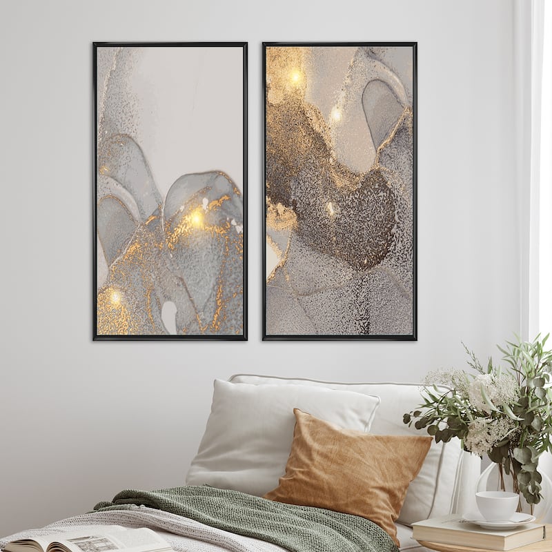 Designart "Grey & Gold Marble Liquid Art I" Abstract Framed Art Set of 2 Pieces